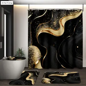 1/3/4PCS Modern Wavy Lines with Black and Gold Glitter Waterproof Bathroom Curtain Set with Rugs, Non Slip Bath Mat, U-Shape Carpet, Toilet Lid Cover, Polyester Fabric Bathtub Curtain Accessories, 12 Hooks, Home Bathroom Festival Decor