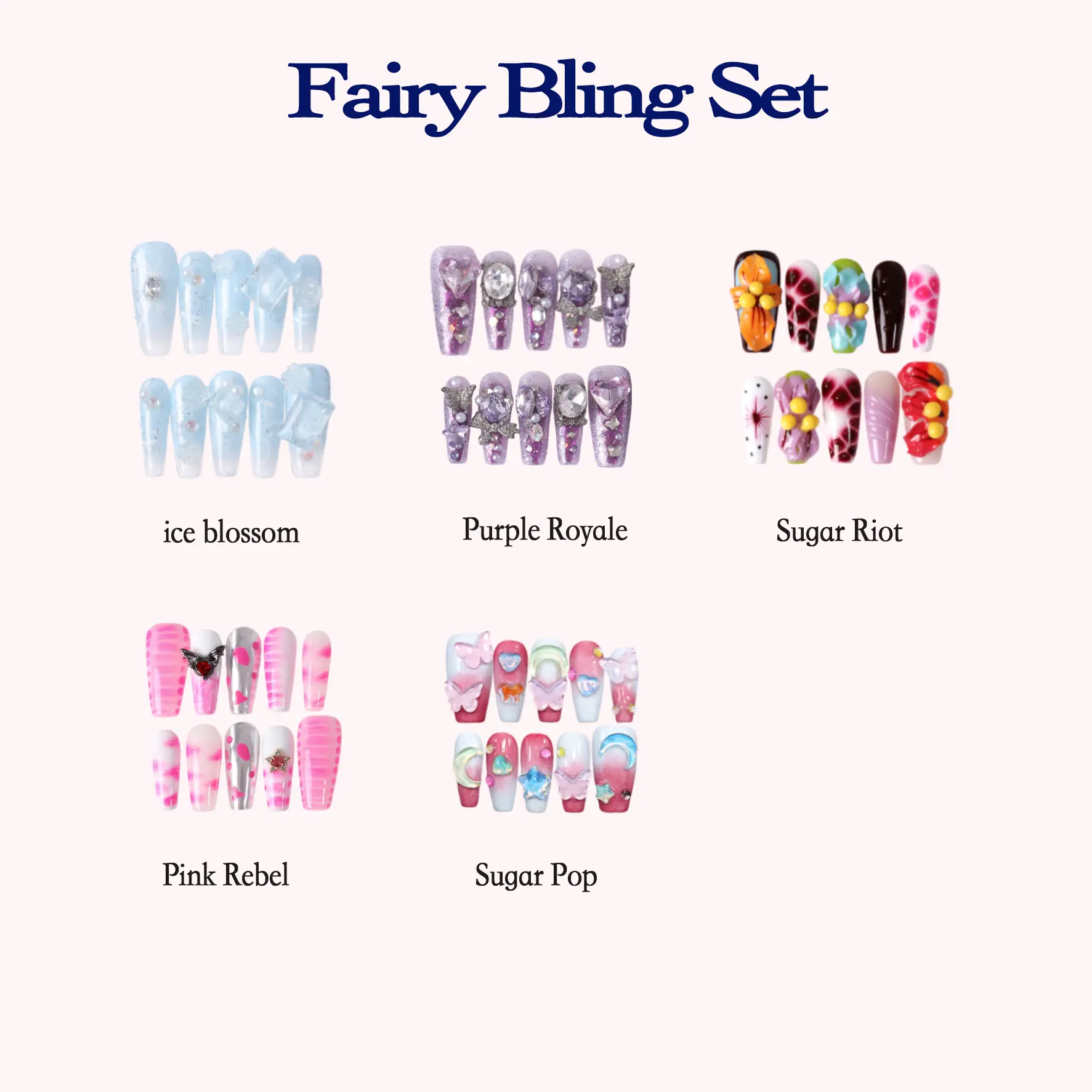 PetaLedge Reusable Medium Coffin Press On Nails 1.18" – Luxury Acrylic Press On Nail Sets with Bling Crystal Charms, Cute Butterfly Nails, Fairy Glitter Designs & Christmas Nails | 10pcs Handmade Fake Nails Kit
