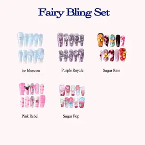 PetaLedge Reusable Medium Coffin Press On Nails 1.18" – Luxury Acrylic Press On Nail Sets with Bling Crystal Charms, Cute Butterfly Nails, Fairy Glitter Designs & Christmas Nails | 10pcs Handmade Fake Nails Kit