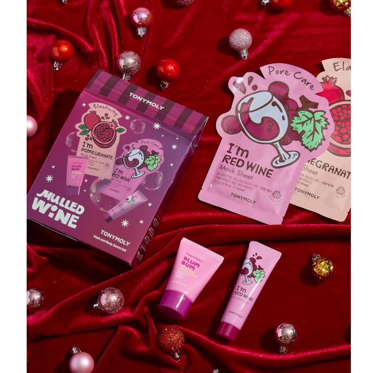 TONYMOLY Mulled Wine Mask & Body Serum Set – Holiday Skincare Gift, Secret Santa Gift, or White Elephant Exchange Idea, 4-Piece Hydrating & Pore Refining Set