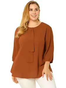 Agnes Orinda Plus Size Tops Work Round Neck Ruffle Chiffon Blouse Top