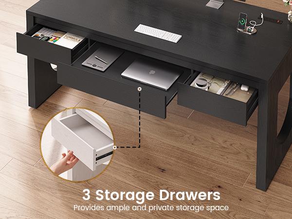 SEDETA Modern Office Desk with 3 Drawers, 55" Executive Desk with U-Shaped Legs, Wood Computer Desk with Power Outlet, Home Office Desks with Relief Texture SEDETA Modern Office Desk with 3 Drawers, 55" Executive Desk with U-Shaped Legs, Wood Computer Desk with Power Outlet, Home Office Desks with Relief Texture