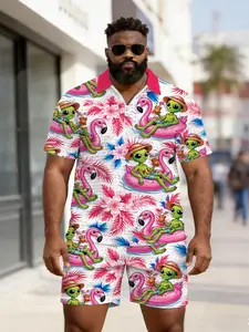 Men's Humorous Firebird Alien Print Polo Set, Large Size Zipper Design, Summer Casual Breathable Beach Wear, Loose-Fitting Blouse