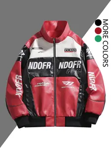 Men's Racing Style PU Leather Jacket, Stand Collar Design, Glossy Finish, Windproof and Wear-resistant, Ideal for Biker and Street Looks