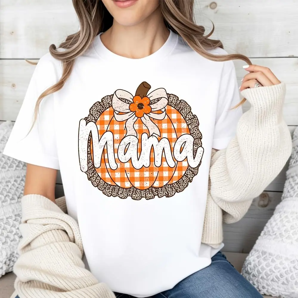 Pumpkin Plaid Mama Print, Raglan Long-Sleeved T-Shirt, Fall Autumn Halloween Theme, Casual Holiday Wear