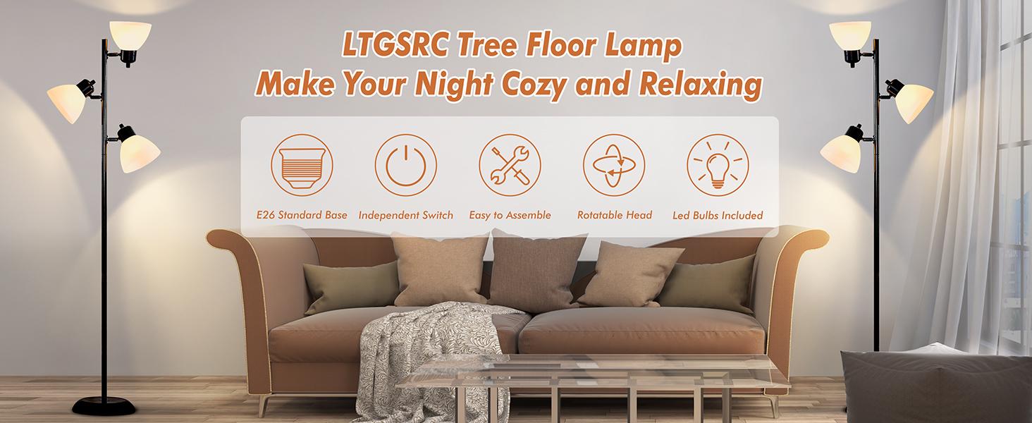 Modern Tree Floor Lamp for Living Room Bedroom, Tall Pole Standing Lamps with 3 Adjustable Rotating Heads for Office, Decor Corner, Reading Indoor, 3 Bright Lights LED Bulbs Included (Black)
