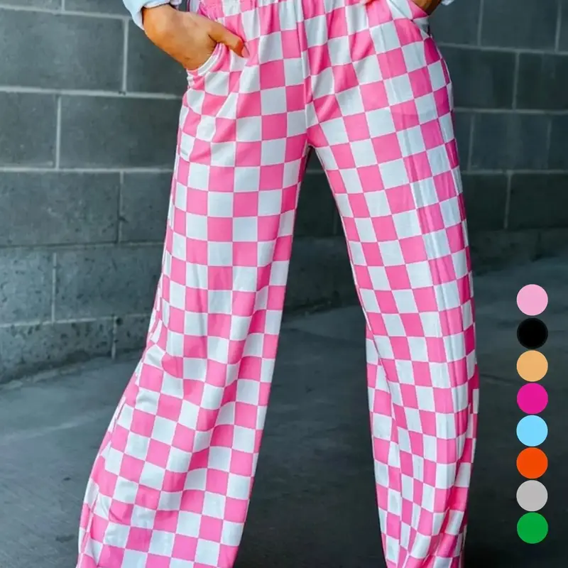 Women's Plaid Print Pocket Elastic Waist Straight Leg Pants, Casual Streetwear Pants, Casual Fashion Trousers, Casual Comfy Trousers for Daily Wear, Ladies Bottoms for All Seasons