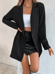 1 Piece | Black Oversized Mid-Length Blazer | Y2K Cool Girl Effortless Style | Double-Breasted Design + Draped & Wrinkle-Resistant + Slimming & Flattering | Perfect for Trendy Girls / Office & Daily Outings / Date Nights