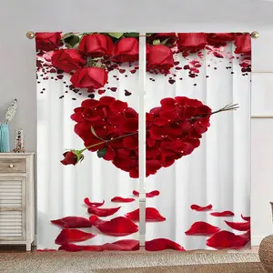 Romantic Heart Rose Print Curtains Set, 100% Polyester Light-Up Drapes, Pole Pocket Installation, Valentine's Day Gift, Home Decor