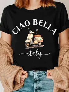 Italian Ciao Printed T-Shirt, Ciao Bella Letter Printed T-Shirt, Italian Motorcycle T-Shirt, Italian Travel Souvenirs
