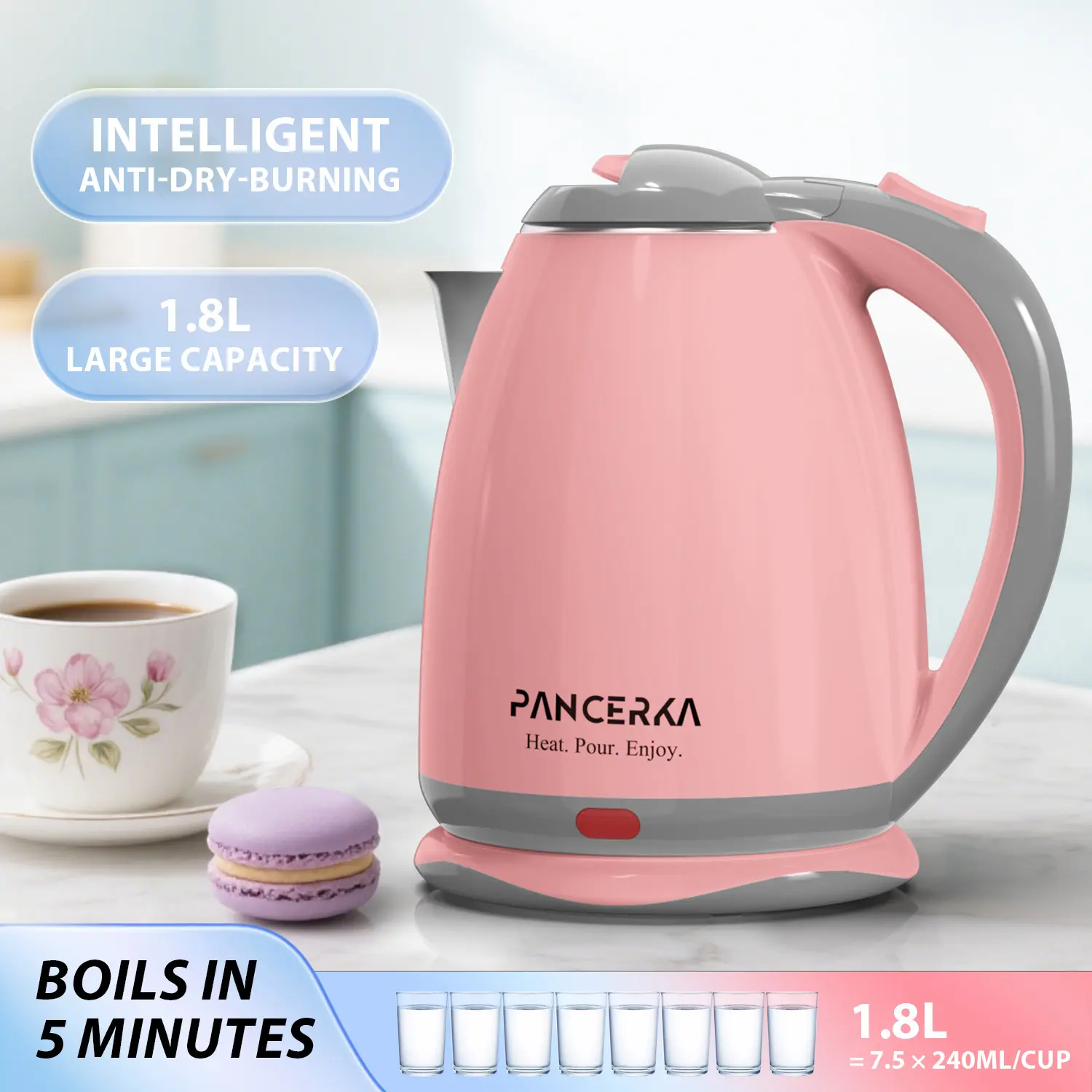 PANCERKA 1000W Electric Kettle - 1.8L Fast Boil Kitchen Appliances with Cool-Touch Double Wall, Auto Shut-Off, Boil-Dry Safe, Overheat Protection, BPA-Free, US Plug for Coffee & Daily Use
