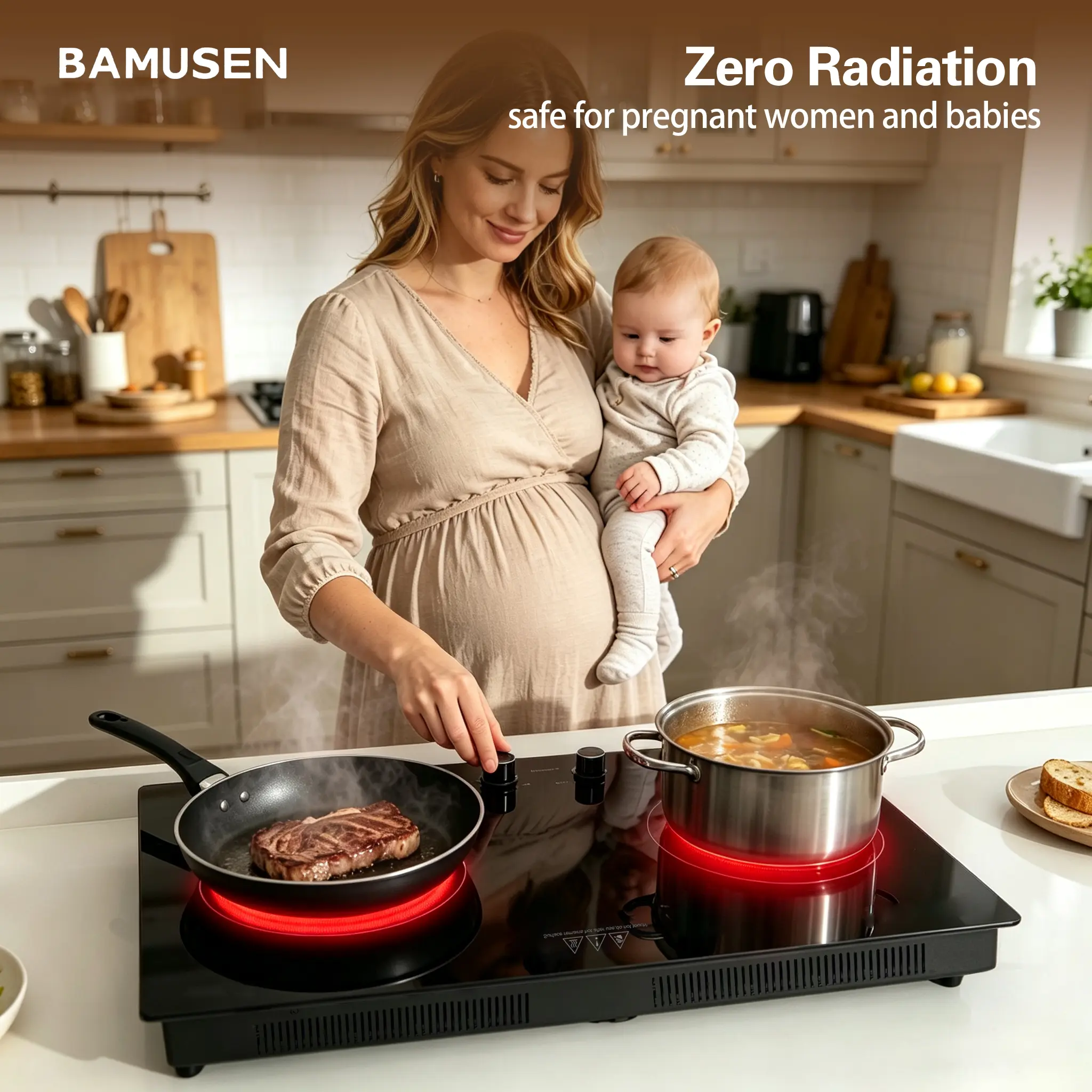 BAMUSEN2-Burner Multifunctional Portable & Built-In Induction Cooktop – Sensor Touch Control, 9 Adjustable Power Levels (1800W + 1800W), Equipped with Child Safety Lock, Timer and Over-Temperature Protection, Ideal for Home Kitchen Use
