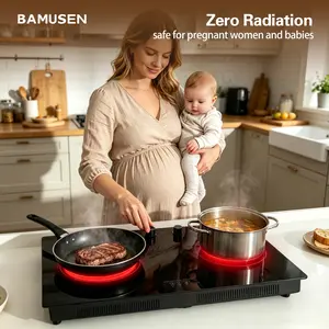 BAMUSEN2-Burner Multifunctional Portable & Built-In Induction Cooktop – Sensor Touch Control, 9 Adjustable Power Levels (1800W + 1800W), Equipped with Child Safety Lock, Timer and Over-Temperature Protection, Ideal for Home Kitchen Use