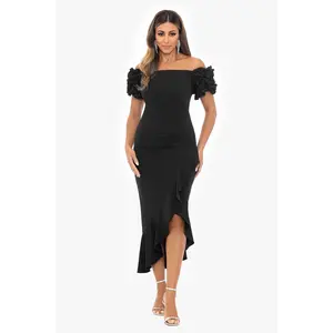 Xscape Evenings "Loretta" Scuba Crepe Off the Shoulder Ruffle Sleeve Midi Dress 5997X