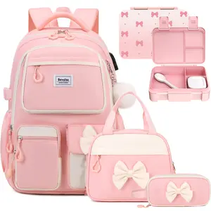 Backpack for Gilrs, Cute Bow School Bags for Kids with Lunch Bag & Pen Case, Lunch Box/WaterBottle/Headphones, Bookbag for Girls Children Teens Elementary Middle Student, Back to School Gift with USB Charging Port
