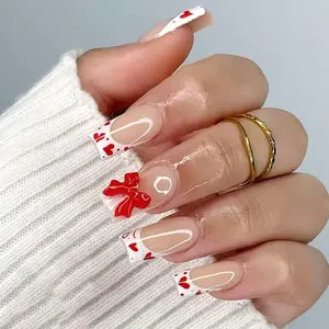 Valentines Press on Nails Red Heart French Tip Fake Nails with 3D Bow Designs Medium Square Acrylic False Nail Glossy on Nails Full Cover Stick on Fingernails for Women Manicure 24Pcs