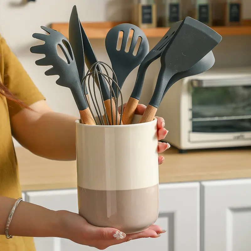 Ceramic Kitchen Utensil Holder, Multifunctional Countertop Storage Bucket for Spatula, Spoon, Knife and Fork, Household Chopstick Cage