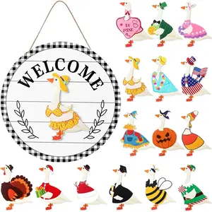 16 count Interchangeable Welcome Sign 12 Inch Holiday Seasonal Wooden Sign Goose Welcome Tag with Wooden Holiday  Goose Pieces for Front Door Porch Wall Decor(White)