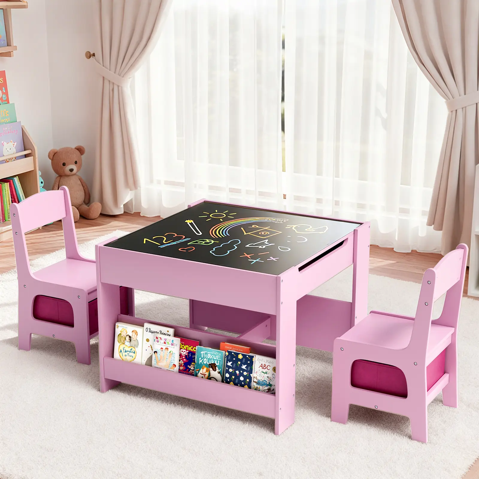 Arlopu 4-in-1 Wooden Activity Table and Chair Set with Storage Space, Detachable Tabletop, Blackboard & Bookshelf Kids Furniture for Playroom, Bedroom, Classroom Study Use Reading Learning, Gifts for Kids homeessentials
