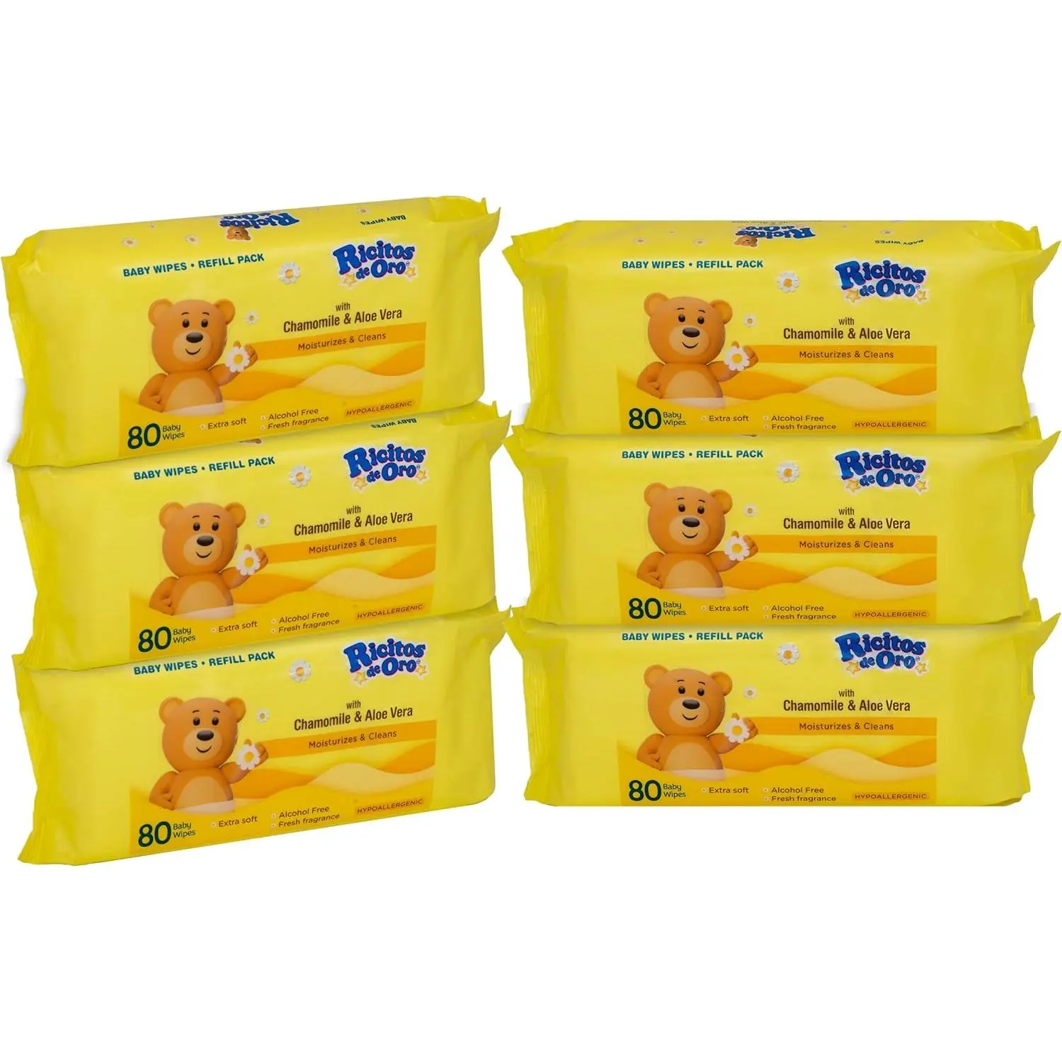Ricitos de Oro Baby Wipes Chamomile & Aloe Vera Refillable 6-Pack of 80 Wipes Each Hypoallergenic Alcohol-Free Moisturizing Clean Gentle on Baby's Skin