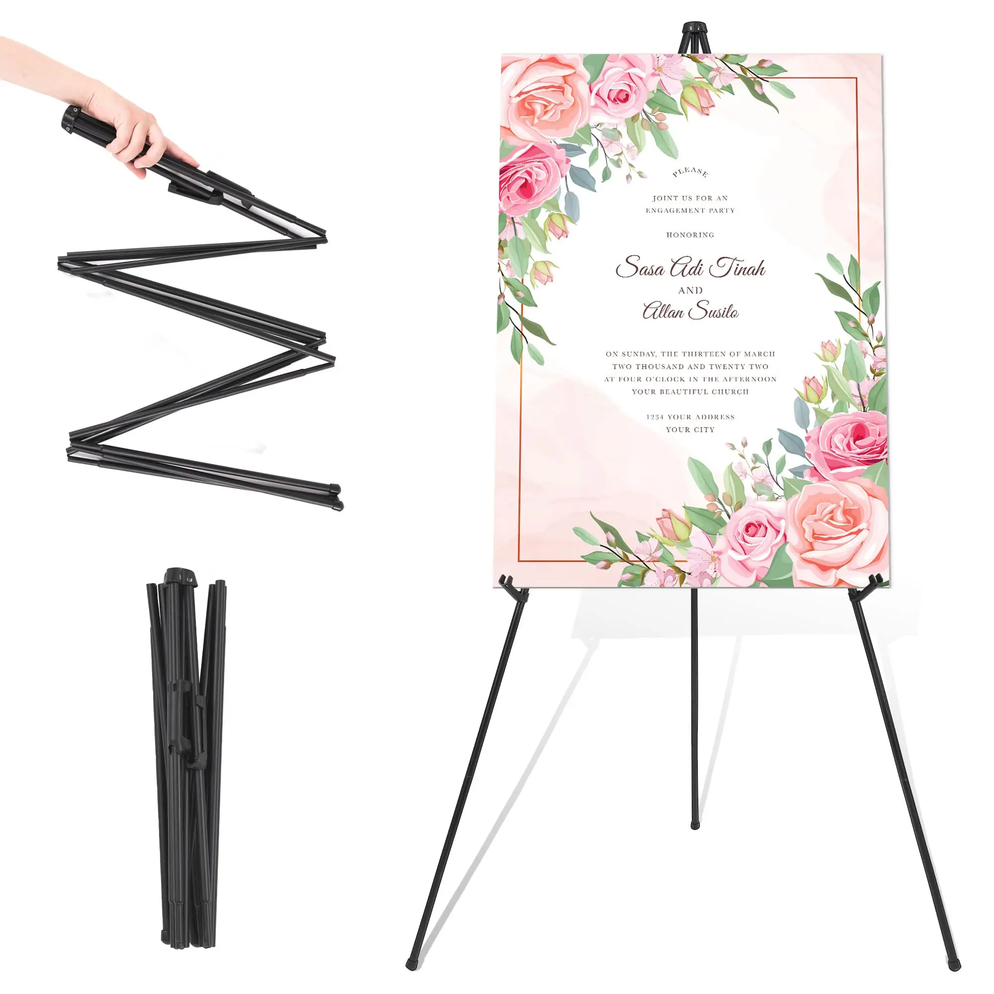 Portable Metal Tripod Easel Stand with Carrying Bag - Lightweight Compact Foldable Display Stand for Wedding Welcome Signs, Engagement Party Events - Sets Up in Seconds, Folds Flat for Transport, Adjustable Height