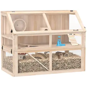 PawHut Wooden Hamster Cage, 3 Tier Small Animal Cage with Detachable 12.4" Deep Bottom, Hut, Seesaw, Exercise Wheel, Ramps, for Dwarf, Gerbil, Mouse