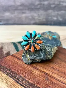 Handmade Sterling Silver Kingman Turquoise with Orange Mojave Adjustable Ring "Signed Nizhoni"
