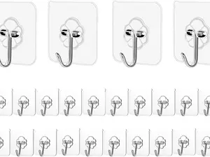 24Pcs Adhesive Heavy Duty Wall Hooks Transparent Reusable Seamless Nail Free Hooks Waterproof and Oilproof Bathroom Kitchen Hooks