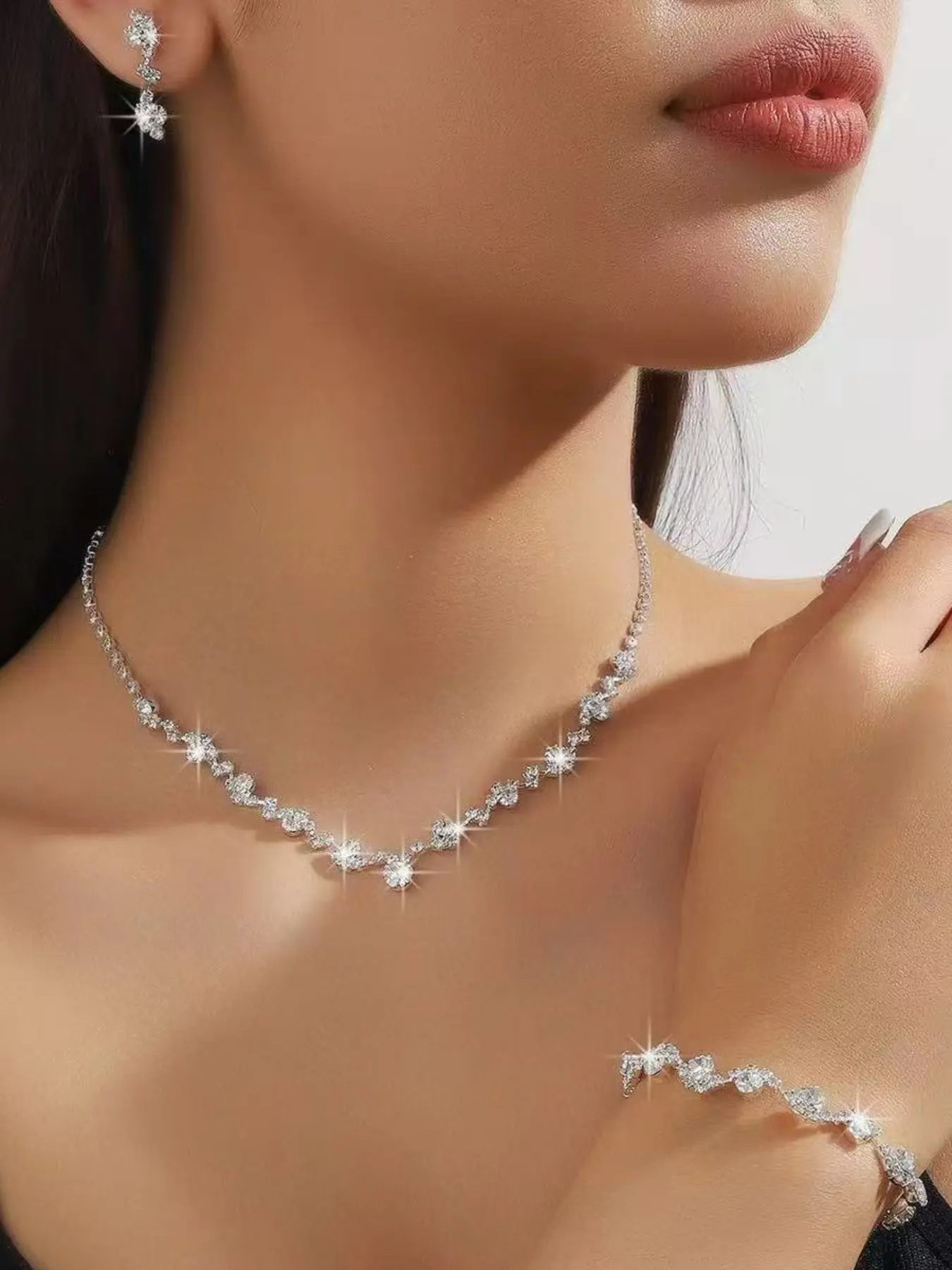 Elegant Women's Matching Jewelry Set, Full Diamond Necklace Earrings Bracelet, Versatile Wedding Bridal Evening Party Accessories, Necklaces Earrings Set