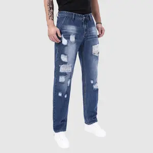 Men's High Cotton Y2K Blue Distressed Straight Leg Jeans, Retro Denim Pants with Multi-Size Frayed Rips & Vintage Washed Finish, Grunge Streetwear Casual Trousers for Men