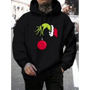 Funny Grinchhh Christmas Hoodie, Men's Warm Fleece Fur-Lined Hoody, Green Monster Graphic Pullover, Casual Winter Sweatshirt, Xmas Apparel Gift.