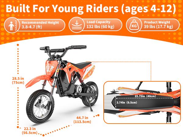 MileRocket1 Kids Electric Bike, 36V 300W Motor, 3-Speed Modes Up to 15.5MPH, 9.32 Mile Range, Dual Suspension,12 * 2.75" Tires, for Height 3.8-4.7ft
