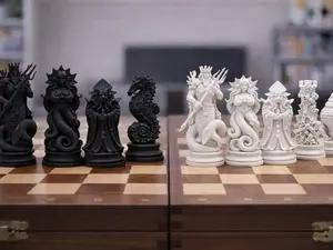 Ocean Mythology Chess Set  – Poseidon Inspired Fantasy Collector Pieces (Black/White), No Board Included