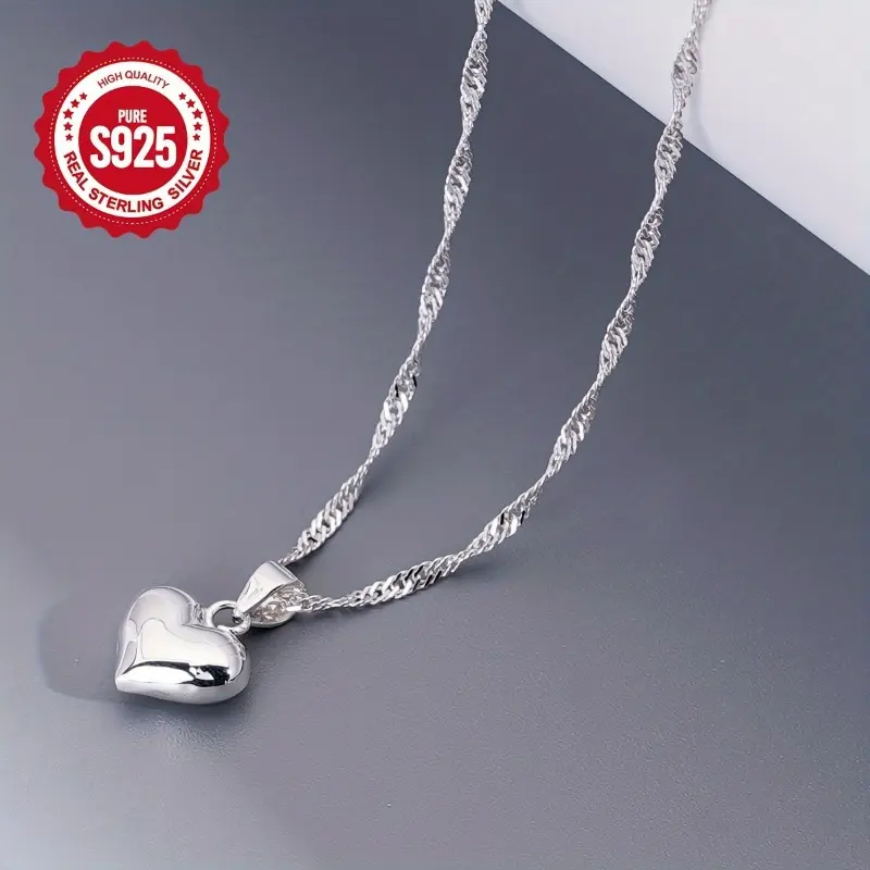 S925 Pure Silver Heart-Shaped Pendant Necklace, Ideal for Daily Wear