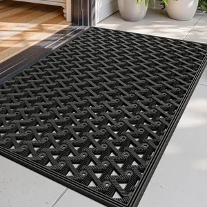 LUMI Front Door Mat Outside Entrance 19x30 Rubber Floor Doormat Heavy Duty Non Slip, Dirt Trapper Waterproof Exterior Entry Mats All Weather for Patio Entryway Drainage, Black