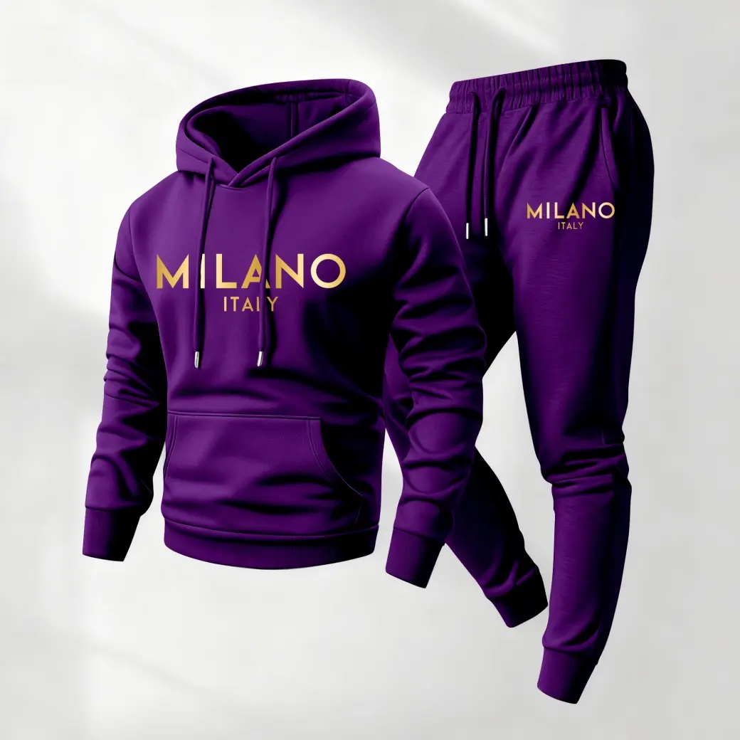 Men's Tracksuit Set, 2-Piece Sporty Chic Golden Milano Printed Hoodie and Sweatpants, Loose-Fit Polyester Athleisure Outfit, Sweat Pants & Top Sets, Ootd Ideas, Outfit Inspiration, M, Springfashion, Casual Ootd, Sweatset Style, Tracksuit Style, Hoodie And