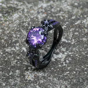 GTHIC Alloy Black Diamond-Set Engagement Rings Purple Red CZ Stone for Wedding Ring Gothic Jewelry Anniversary Birthday Gifts