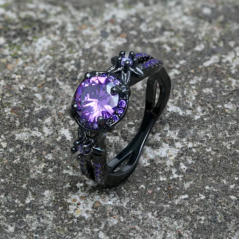 GTHIC Alloy Black Diamond-Set Gothic Artificial Zircon Ring with Purple Red Cubic Zirconia, Female Adult Everyday Jewelry for Wedding, Anniversary Gifts