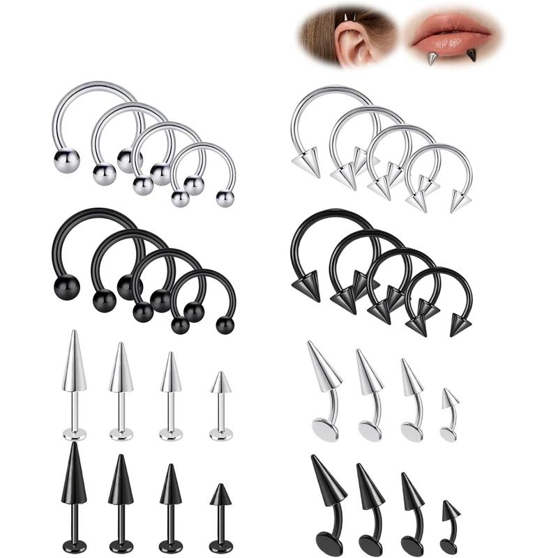 Spike Lip Rings Snake Bite   Vertical Labret  Monroe Lip Barbell Horseshoe Ring Snug Daith Rook Conch Tragus Helix Cartilage Earring for Women Men 32 count 16G