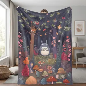 Totoro Flannel Blanket  Enchanted Forest Print Pattern Super Soft  Warm and Cozy  Lightweight Featur  Perfect for Sofa  Bed  Travel  Camping  and as a Thoughtful Gift for Nature and Animation Lovers. Applies to Super soft  decorative sofa/sofa/bedroom