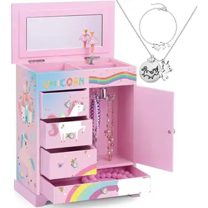 Large  Box for Girls 5-Layer Music Box with Spinning Ballerina Unicorn Necklace & Bracelet Set   Organizer Birthday Christmas  for 5-8 Year Old Girls(&Blue)