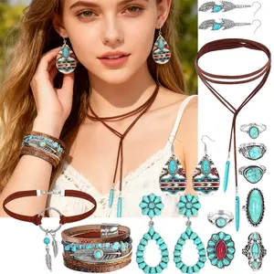 1Set Bohemian Western Style Synthetic Turquoise Necklaces, Earrings, Rings, Bracelets, Women'S Jewelry Sets, Daily Vacations, Outdoor Parties, Wearing Jewelry, Mother'S Holiday Gifts