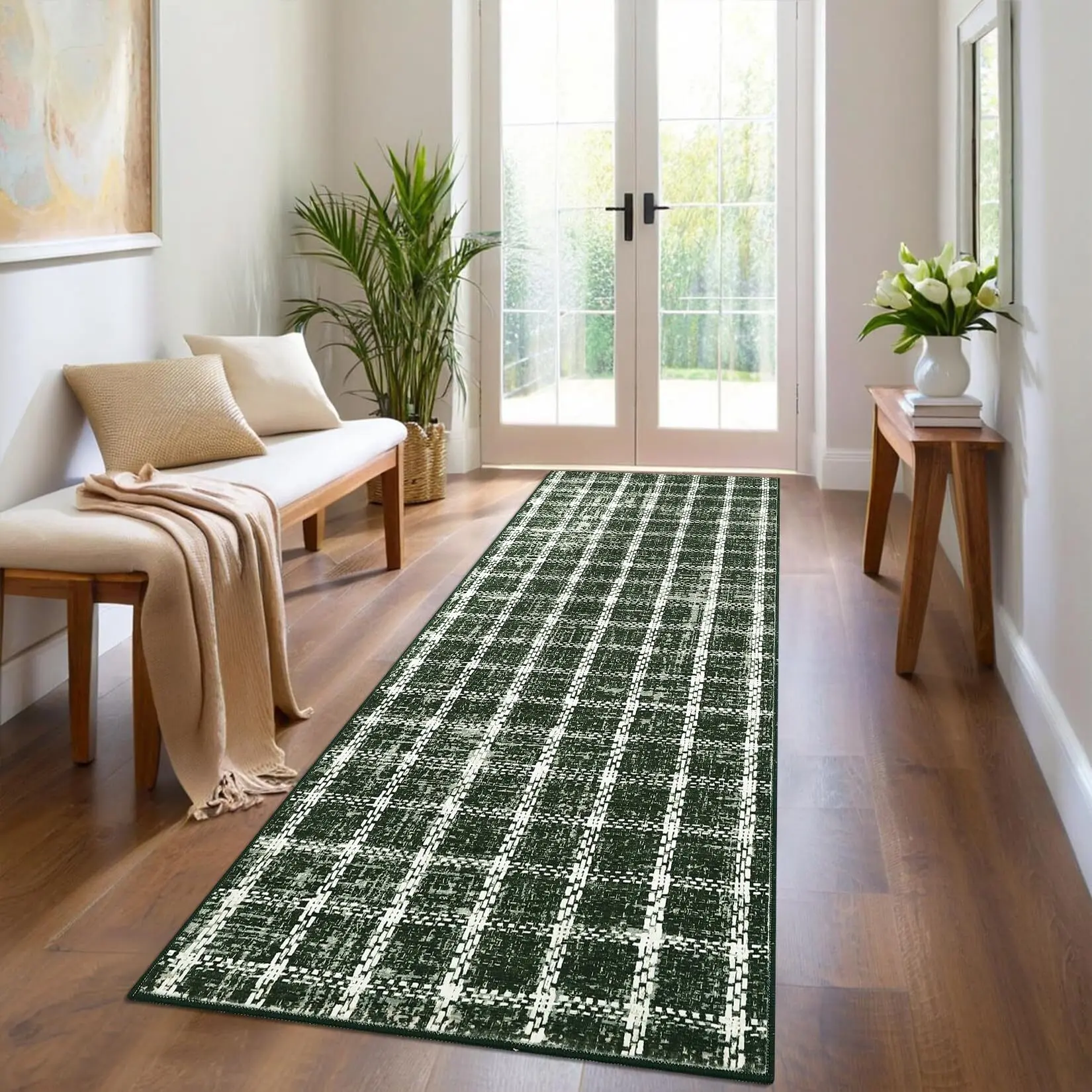 GARVEE 2x6 Runner Rug - Washable, Non-Slip Checkered Geometric Print Rug for Kitchen, Home Office - Modern Green Indoor Throw Carpet, Modern Farmhouse, Checkered Grid