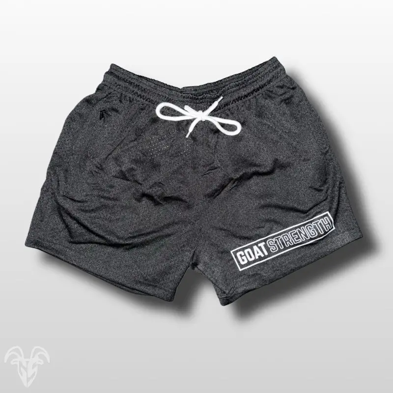Goat Strength - Men’s Gym / Athletic Mesh 5 inch inseam black shorts - Zipper pockets workoutfit