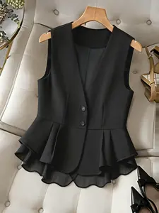 New Women's Elegant Vest for Spring Summer Fall, Chic Commuter Style, Chiffon Patchwork Layered Vest, Fashionable Outerwear