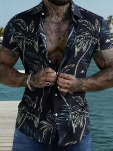 Men's Hawaiian Tropical Flower Shirt, Summer Beach Casual Collared Short Sleeve Button-Up, Full Print Coconut Leaf Design, Perfect for Outdoor Entertainment