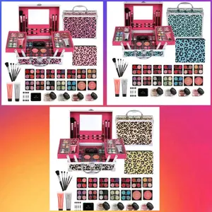 Leopord Double Folding Makeup Carry Case with Pro Teen Makeup Set, Full Starter Kit with Makeup Brushes, Lipsticks, Eyeshadow Palette, Blushes, Glitter Gel, Ideal Present