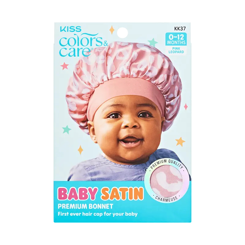 Kiss Colors & Care Baby Satin Premium Bonnet - Pink Leopard | 0-12 months, Silk Bonnet, Sleep Bonnet, Hair Accessories