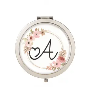 Letter Design Round Button Dual-Sided Makeup Mirror, A-Z 26 Letter Styles, Unisex, Portable, Perfect Gift, Pocket Bag Friendly