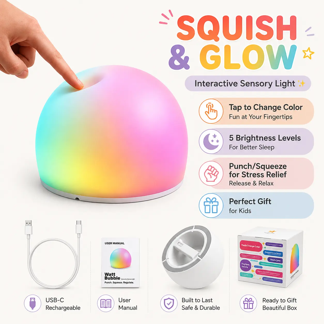 WattBubble LED Sensory Squishy Toy - Rechargeable Tap Night Light with Automatic Motion Sensor, BPA-Free Silicone Stress Relief Fidget Toy for Neurodivergent Kids, Shake-Activated Calm Tool with Batteries for Birthday Gifts, Emotional Regulation
